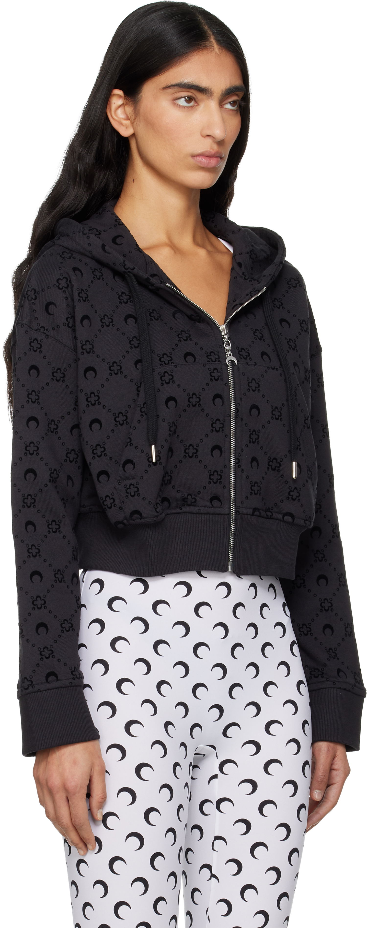 Суитчър Marine Serre Marine Serre Moonogram Flocked Fleece Cropped Zipped Hoodie Черно | WST019ACJER0089, 1