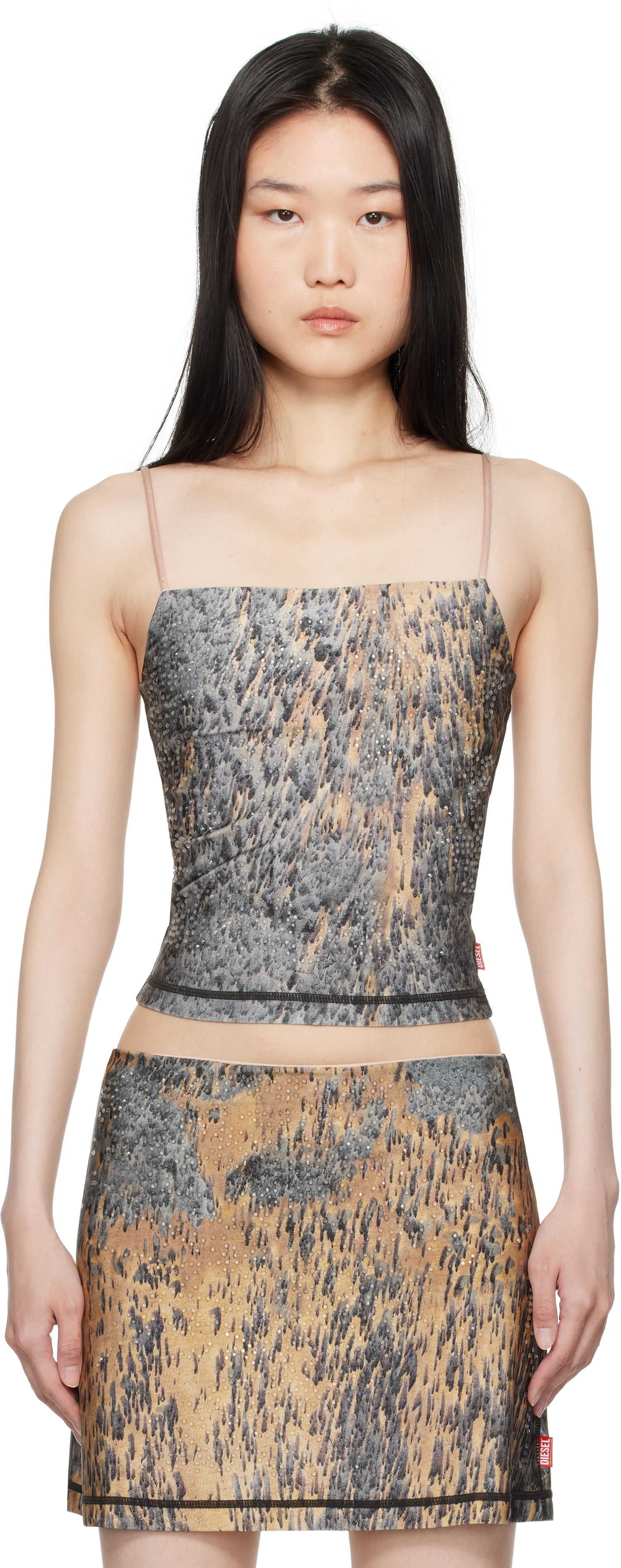 Съкратен топ Diesel Printed Rhinestone Tank Top Кафяво | A14459 0KMAQ, 0