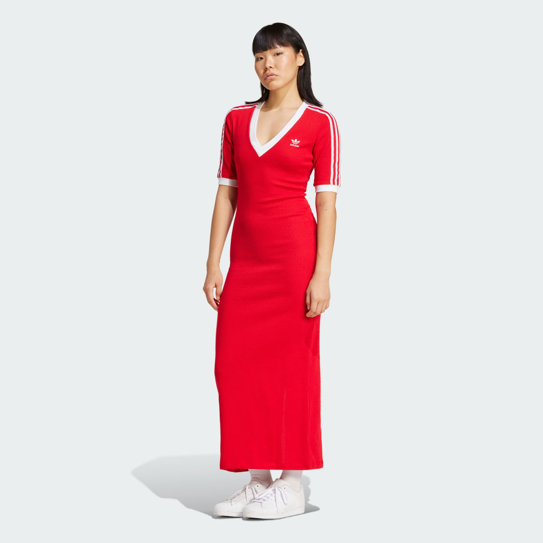 Pокля adidas Performance 3-Stripes Knit V-Neck Dress Червено | IY7217, 0