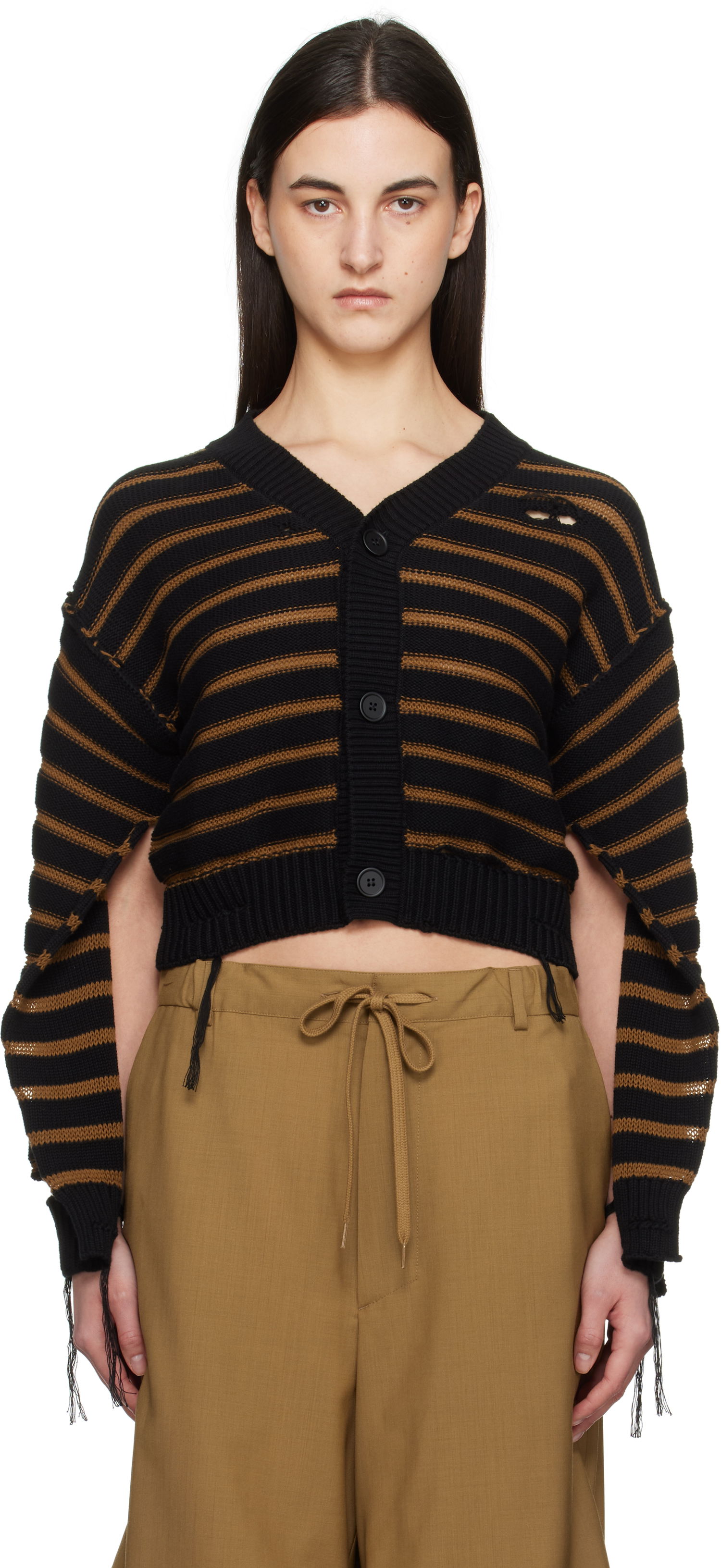 Пуловер Maison Margiela MM6 Maison Margiela Striped Distressed V-Neck Cardigan Черно | S52HP0025 M13080, 0