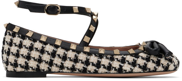 Valentino Garavani Rockstud Tweed Ballerina Flats with Bow Detail