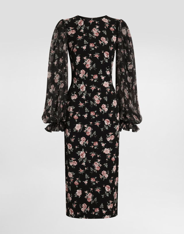 Vintage Roses-print Charmeuse Midi Dress with Sheer Puffed Sleeves