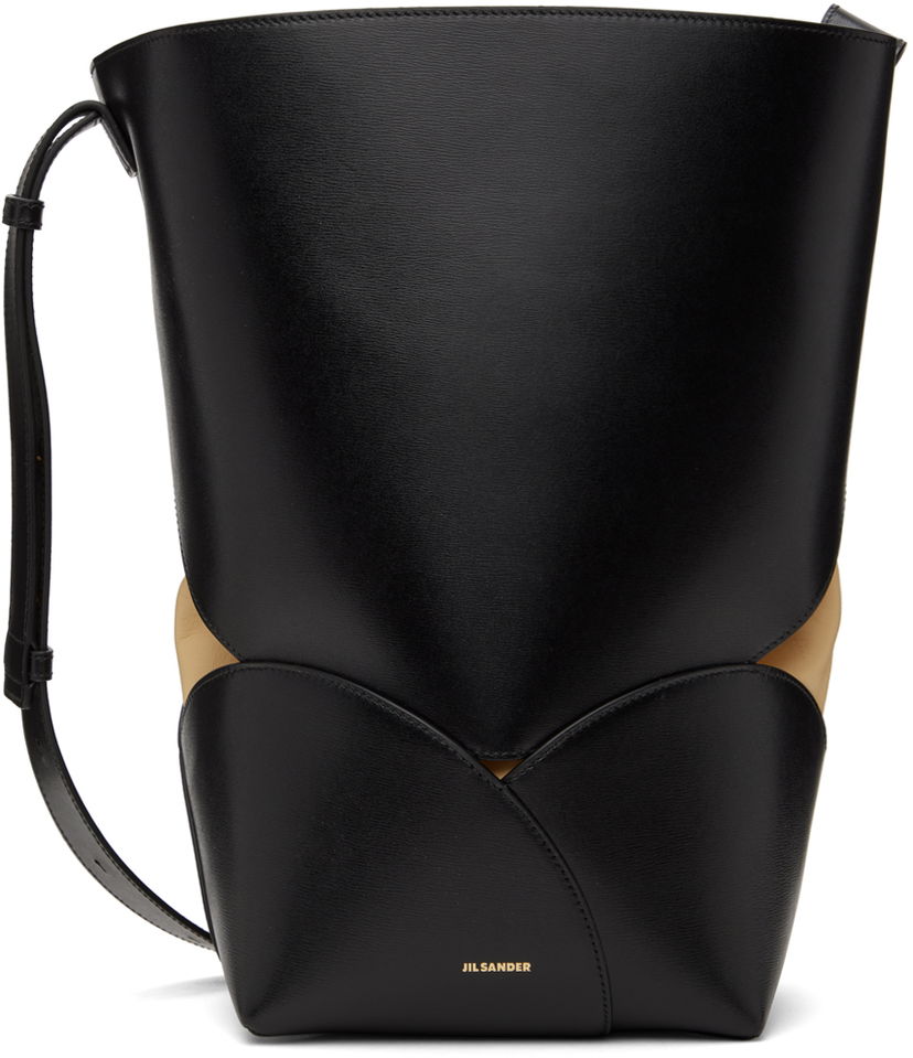 Голяма пазарска чанта Jil Sander Curve Bucket Medium Leather Shoulder Bag Черно | J07ZH0046_P7100