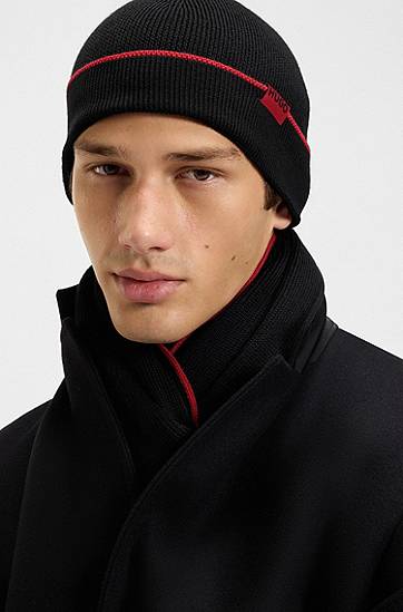 Шапка BOSS Knitted wool hat and scarf set with contrast trim Черно | 50517757, 1