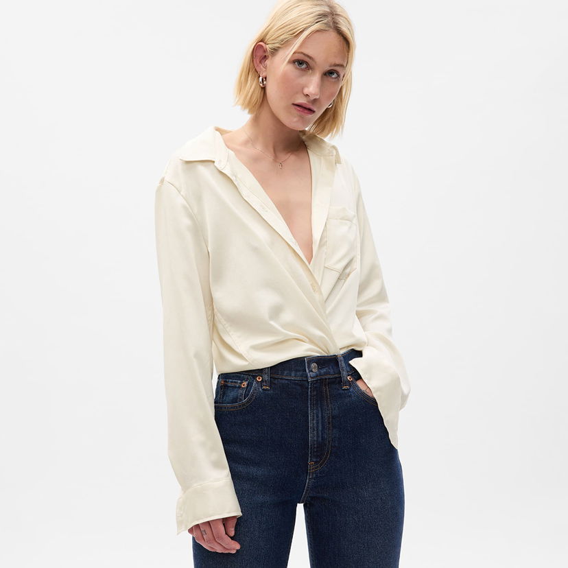 Риза GAP Shirt Satin Boyfriend Shirt Stone M Бежово | 742560-02