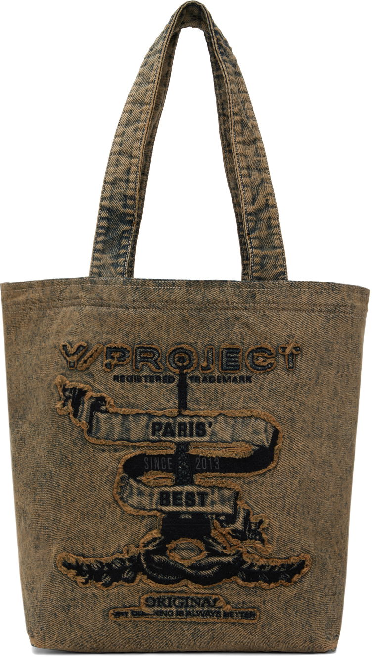 Голяма пазарска чанта Y/PROJECT Beige 'Paris' Best' Denim Tote Кафяво | 620BA004, 0