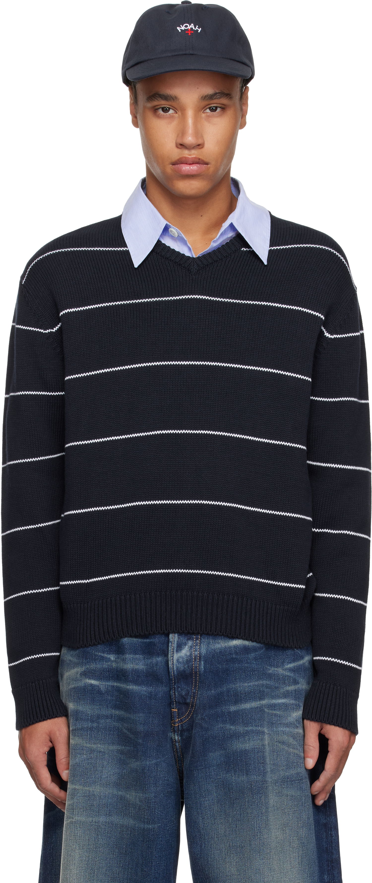 Пуловер Noah Noah Striped V-Neck Sweater Тъмно синьо | SW096SS25NVY, 0