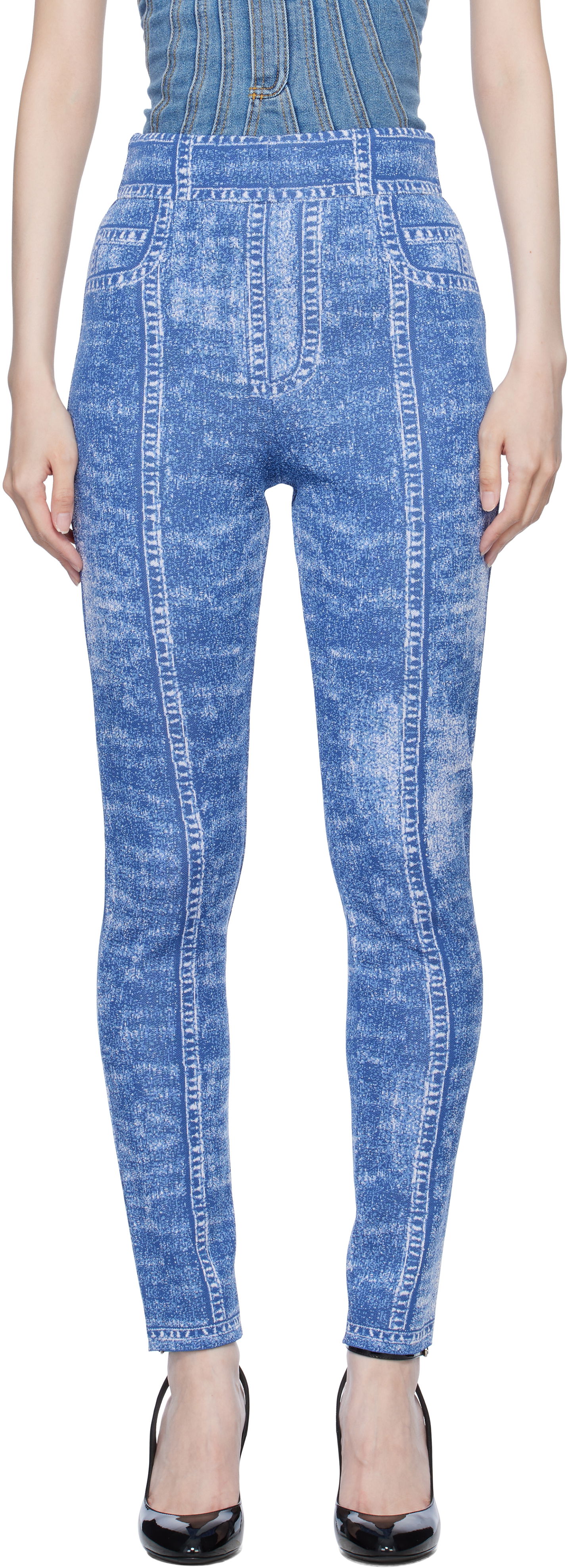 Клинове Balmain Denim Effect Knit Leggings Синьо | EF1PD185KH80, 0