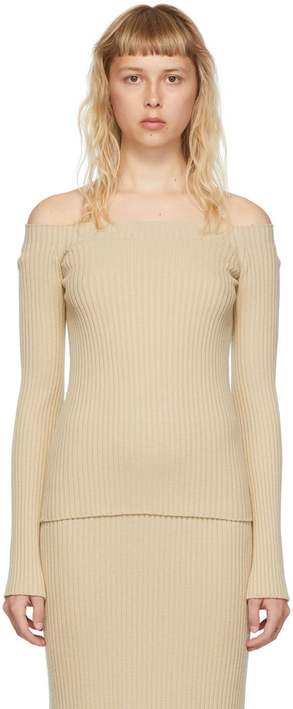 Потник CHLOÉ Off-the-Shoulder Ribbed Wool Sweater Бежово | CHC22UMP11650