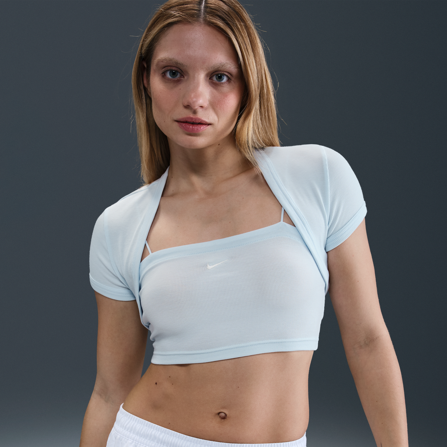 Съкратен топ Nike Sportswear Chill Knit 2-in-1 Slim Ribbed Crop Top Синьо | HJ1299-423, 0