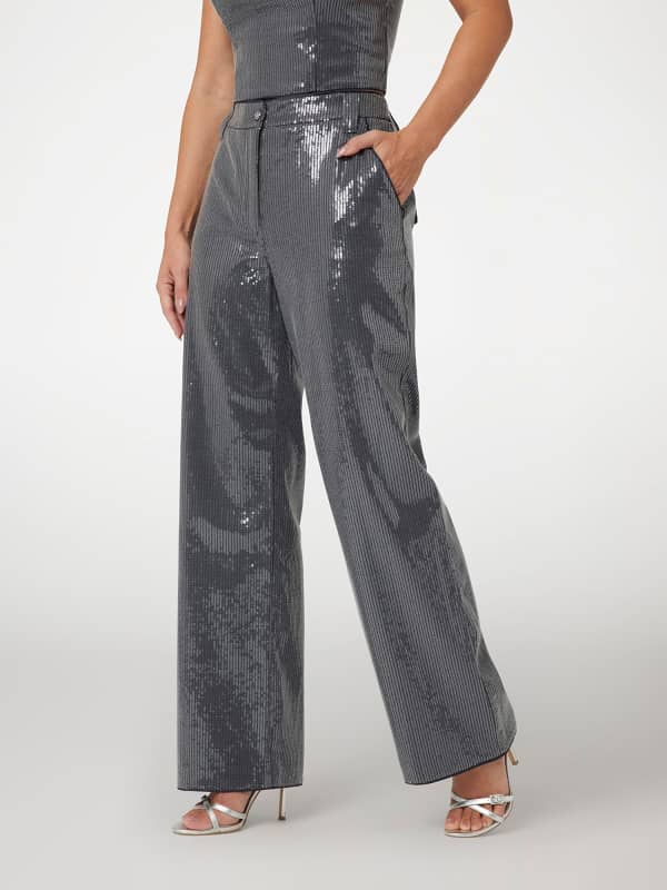 Панталони GUESS Sequined Wide Leg High-Waisted Pants Сиво | W5RB32WGX40, 0