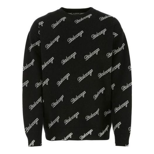 Пуловер Balenciaga All Over Script Logo Knit Sweater Черно | 646493T41121070, 0