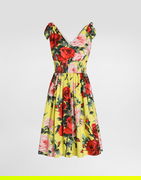 Dolce & Gabbana Cotton Midi Dress with Rose Print and Tie-Shoulder Straps
