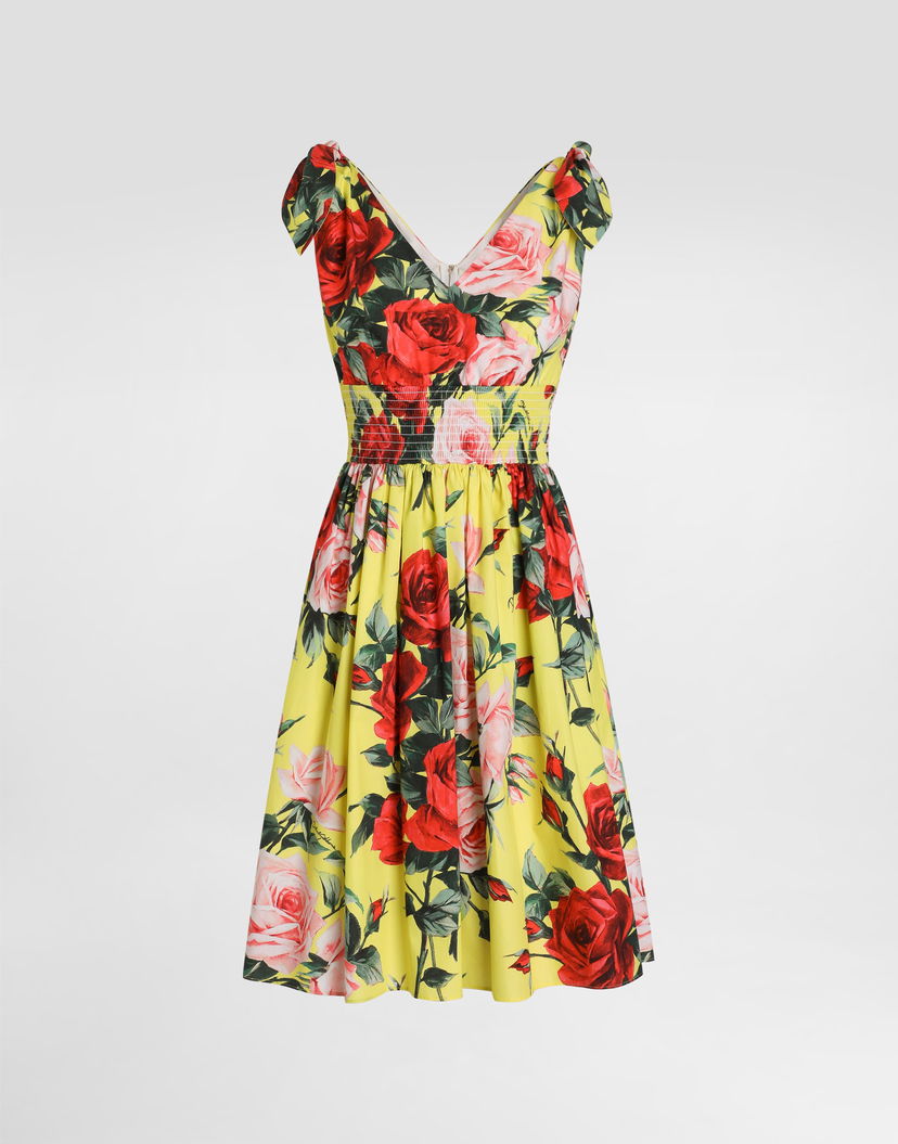 Pокля Dolce & Gabbana Dolce & Gabbana Cotton Midi Dress with Rose Print and Tie-Shoulder Straps Жълто | F6I0ATHS5TFHG5JD