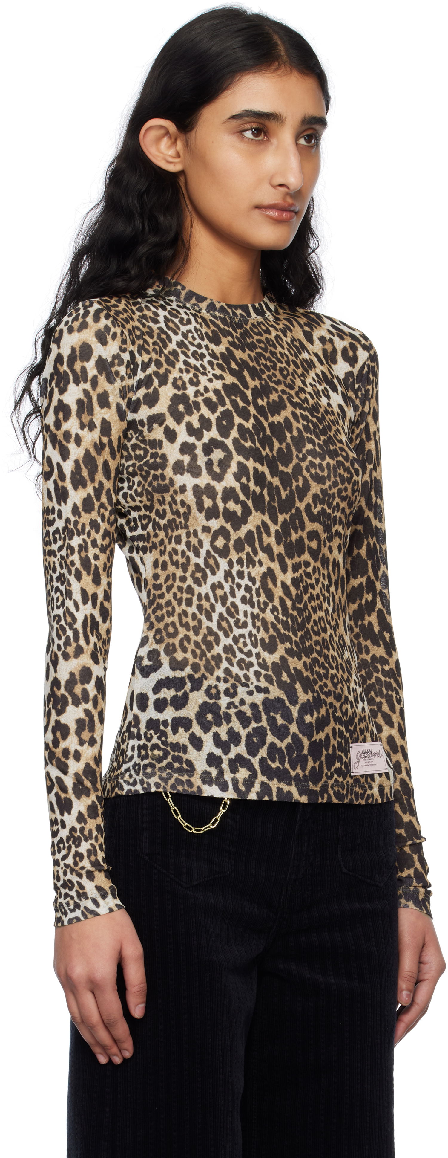 Тениска GANNI GANNI Leopard Print Long Sleeve T-Shirt Бежово | T4208, 1