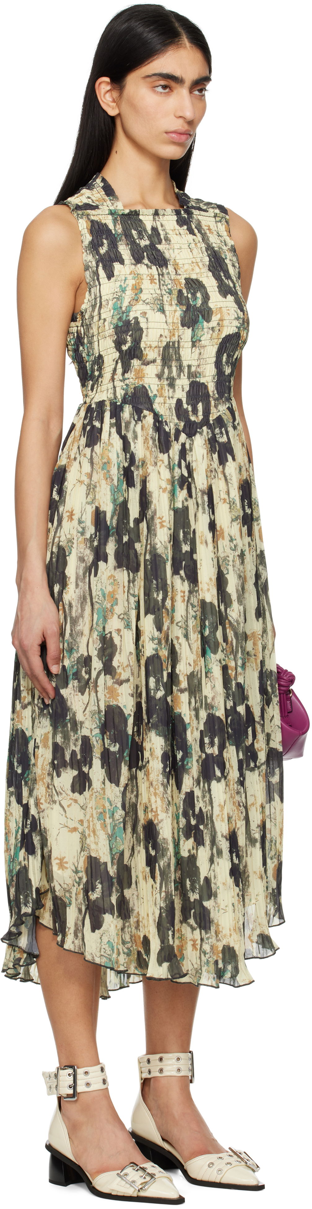 Pокля GANNI GANNI Printed Smocked Pleated Midi Dress Бежово | W0209, 1