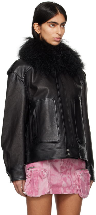 Яке бомбър Blumarine Spread Collar Leather Biker Jacket With Fur Черно | P422L043A, 1