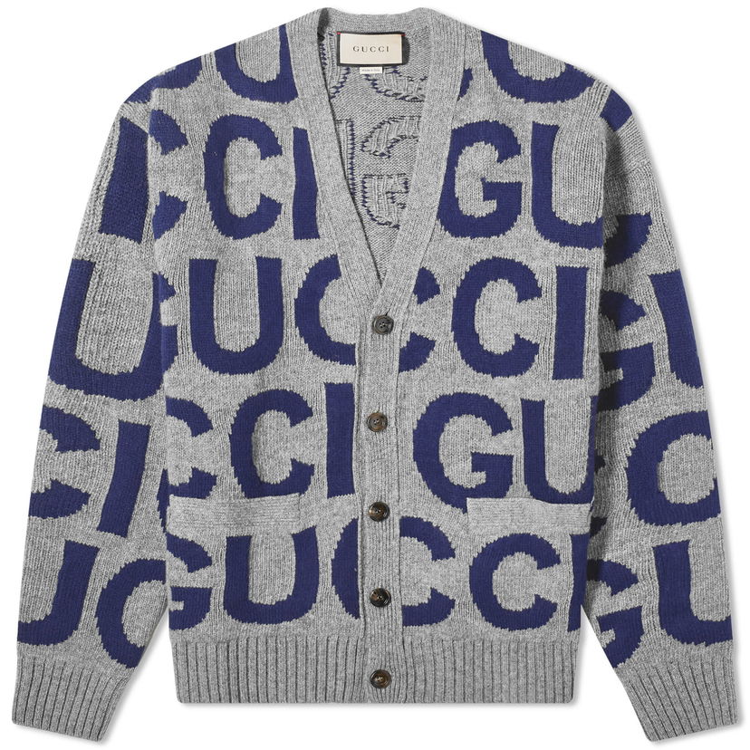 Пуловер Gucci Intarsia Logo Knit Cardigan Сиво | 771707-XKDLV-1140