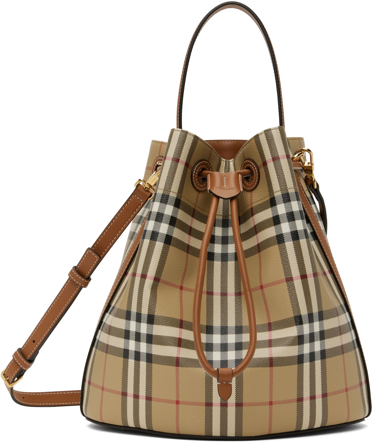 Дамска чанта Burberry Burberry Vintage Check & Leather Drawstring Bucket Bag Бежово | 8109795, 0