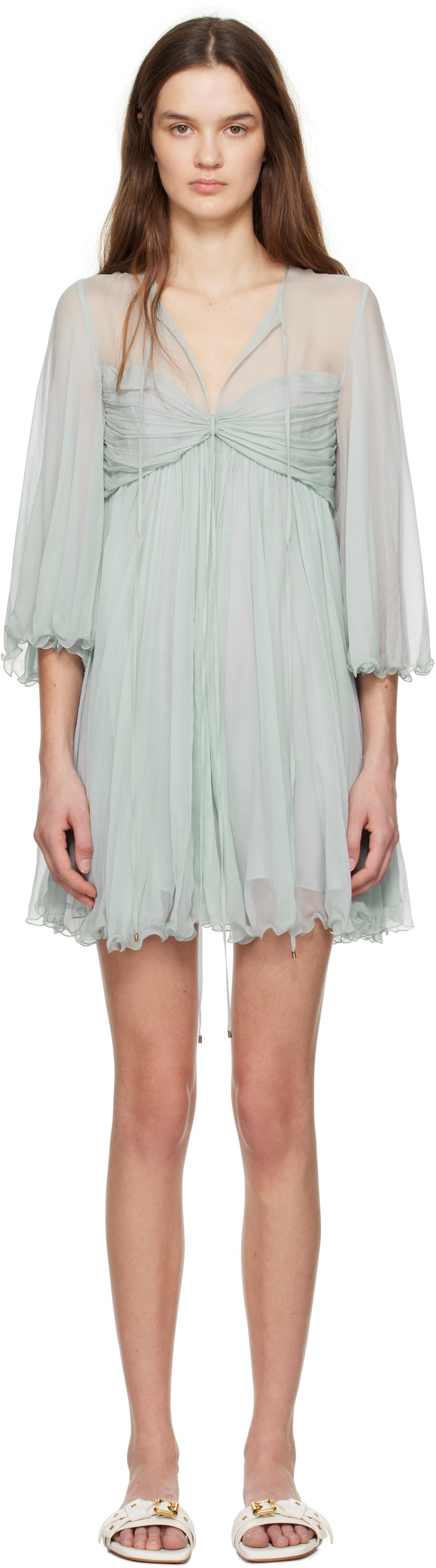Pокля CHLOÉ Chloé Pleated Mini Dress Зелено | CH25SRO27116, 0
