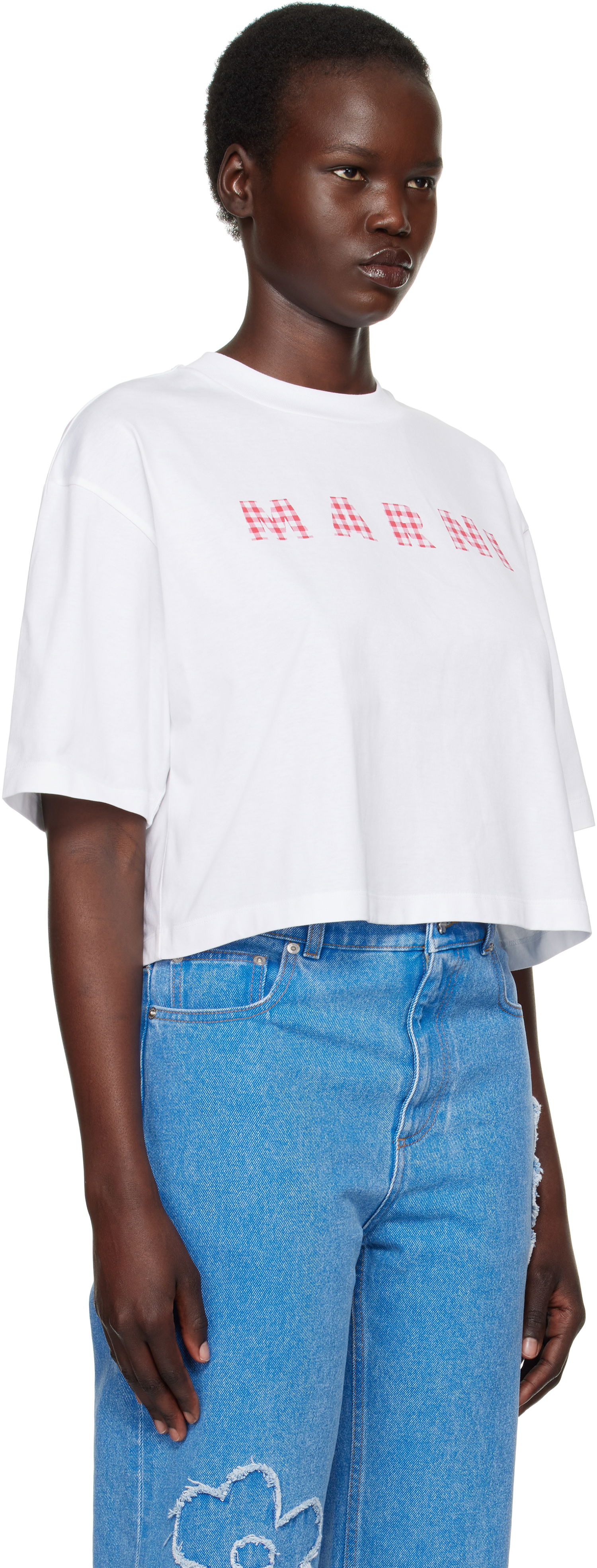 Съкратен топ Marni Marni Cropped Checked Logo T-Shirt Бяло | THJE0333P6 USCX52, 1
