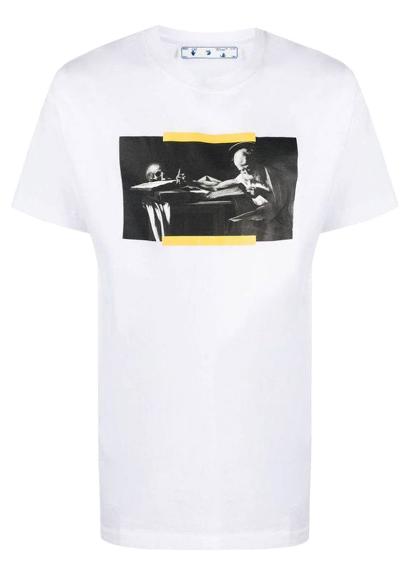 Тениска Off-White Caravaggio Saint Jerome Writing Hands Off Logo Slim Fit T-shirt While/Black/Yellow Бяло | OMAA027F21JER0140184