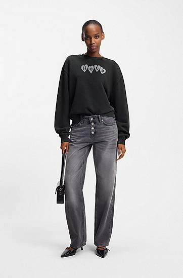 Суитчър BOSS Cropped cotton-terry sweatshirt with embroidered HUGO heart logo Черно | 50555824, 1