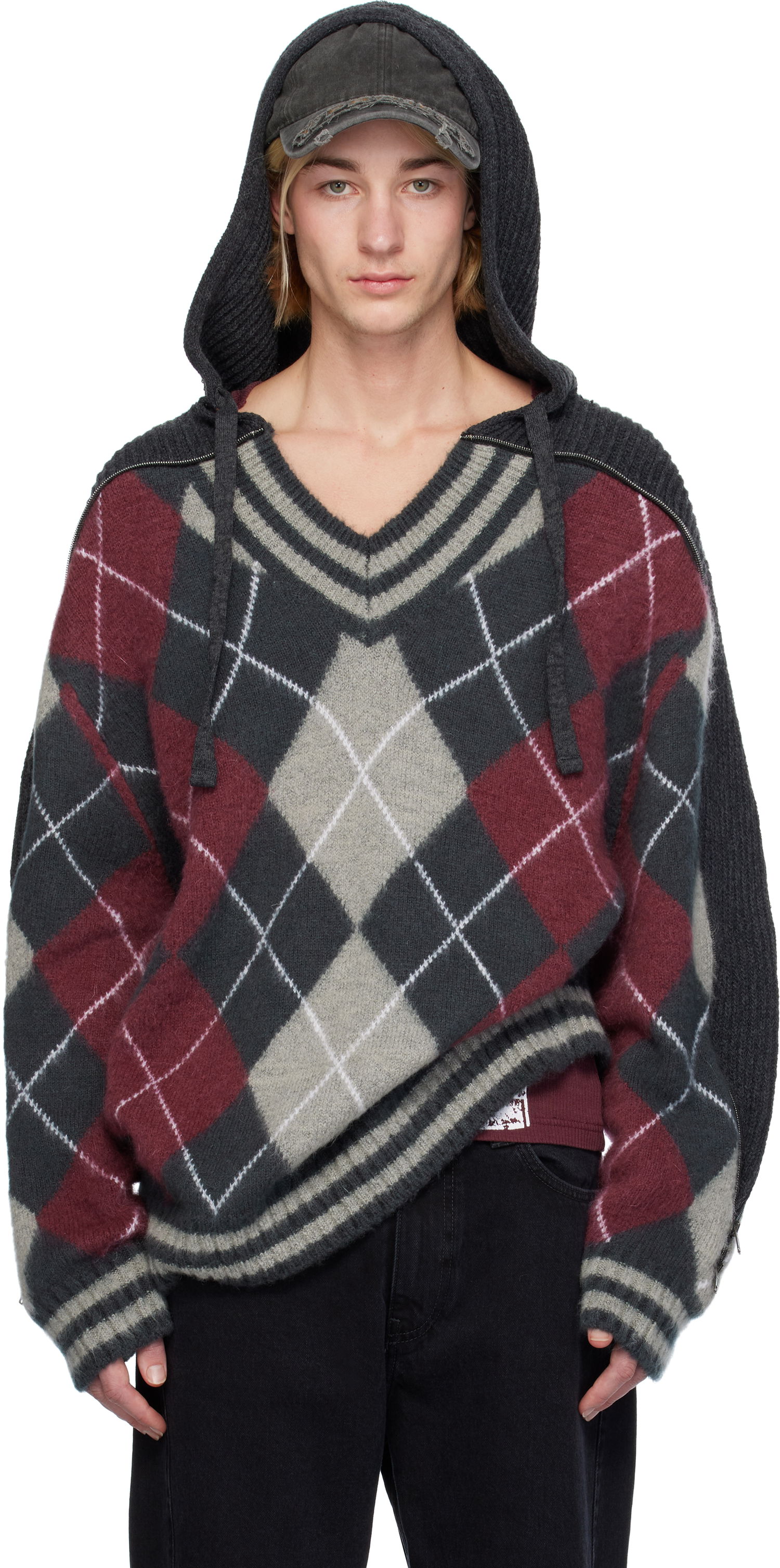 Пуловер Y/PROJECT Zip Insert Argyle Hoodie Червено | 206SW005, 0