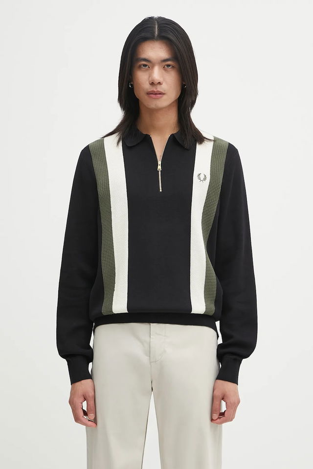 Knitted Quarter-Zip Polo with Vertical Stripes