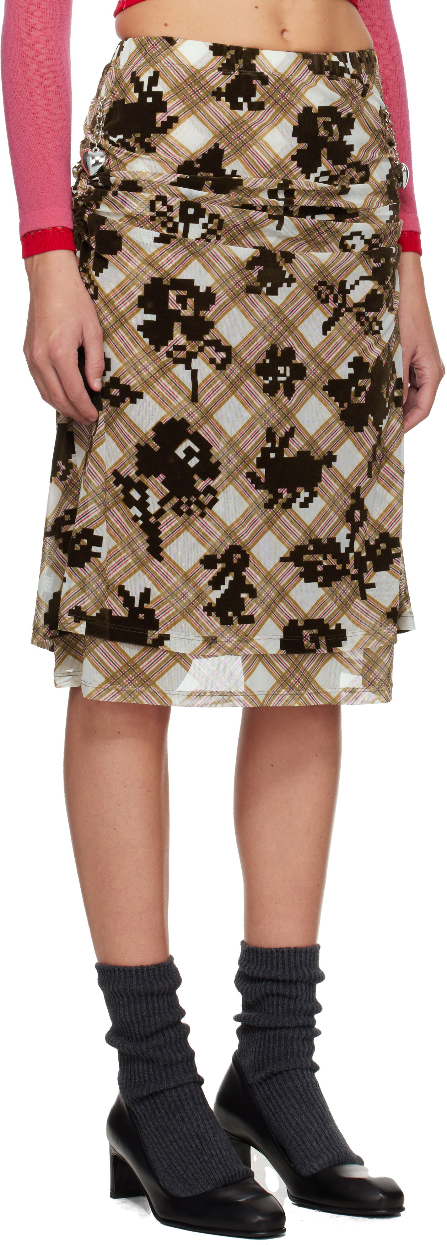 Пола Chopova Lowena Sonicscape Pixelated Plaid Ruched Mesh Knee Midi Skirt Многоцветен | 3278, 1