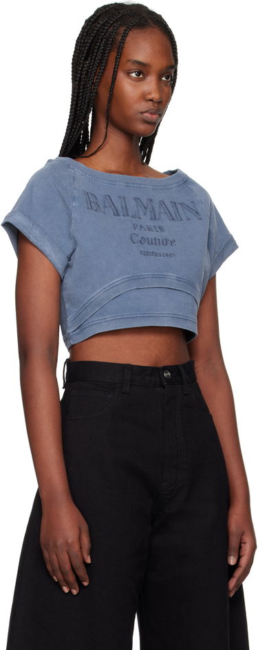 Съкратен топ Balmain Balmain Cropped Couture Embroidered T-Shirt Синьо | EF1EE121BC96, 1