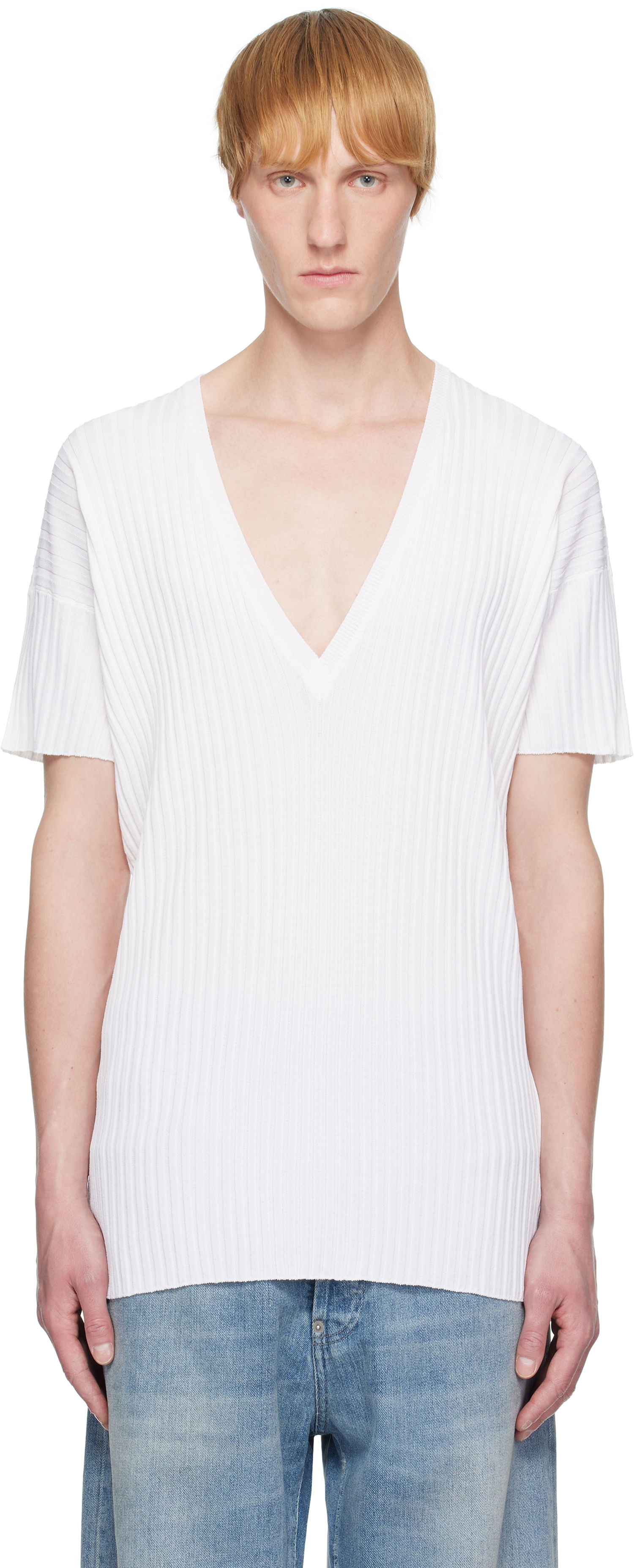 Тениска Maison Margiela MM6 Maison Margiela Rib-Knit V-Neck T-Shirt Бяло | SH2HN0003 M13125, 0