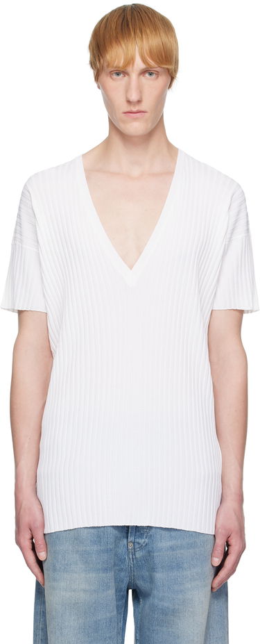 Тениска Maison Margiela MM6 Maison Margiela Rib-Knit V-Neck T-Shirt Бяло | SH2HN0003 M13125, 0