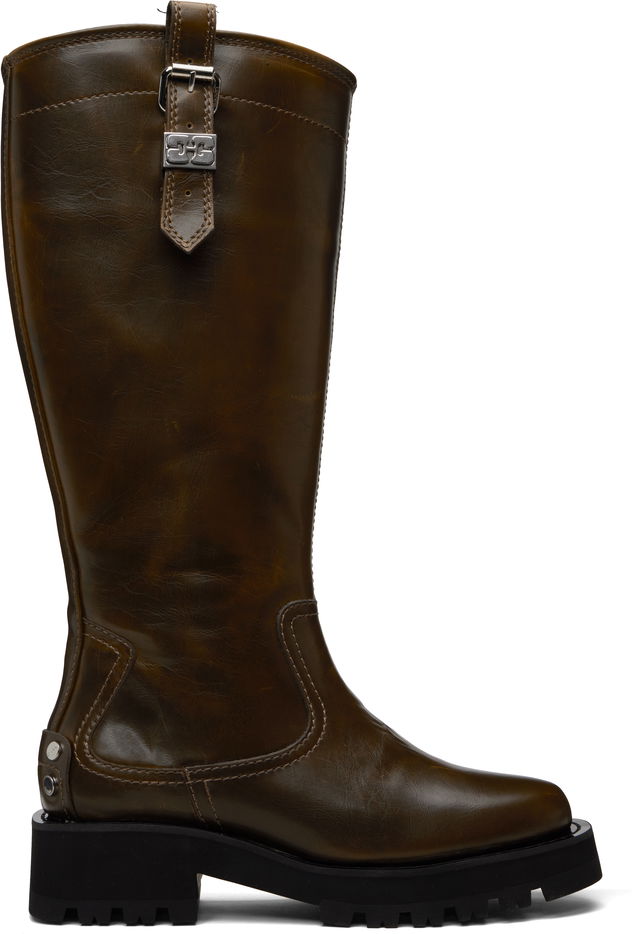 High Tall Leather Buckle Boots with Chunky Sole