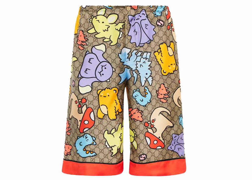 Къси панталони Gucci GG Print Silk Twill Shorts Beige Multi Многоцветен | 734161ZAMD39233