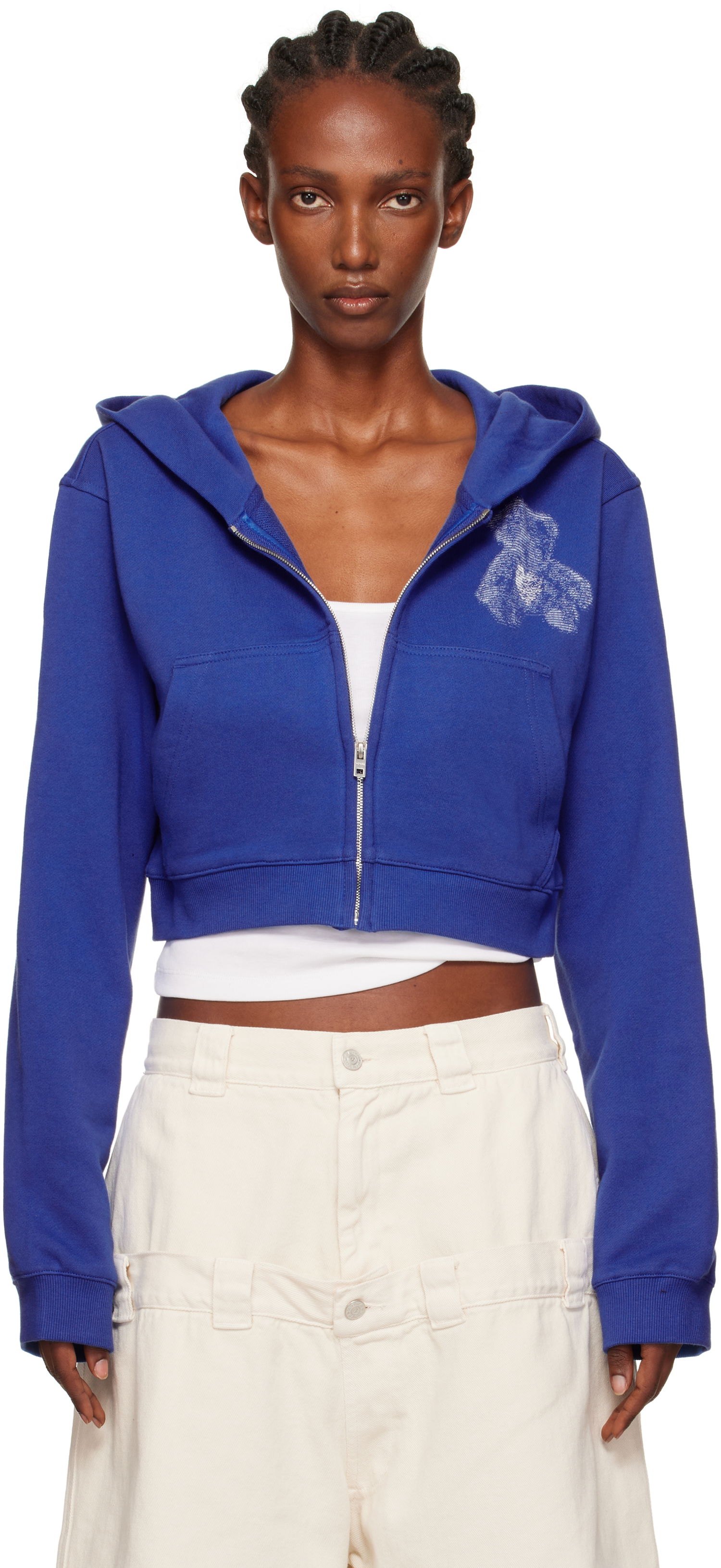 Суитчър We11done Teddy Bear Graphic Slim-Fit Cropped Zip-Up Hoodie Синьо | WD-TJ2-25-870-W-BL, 0