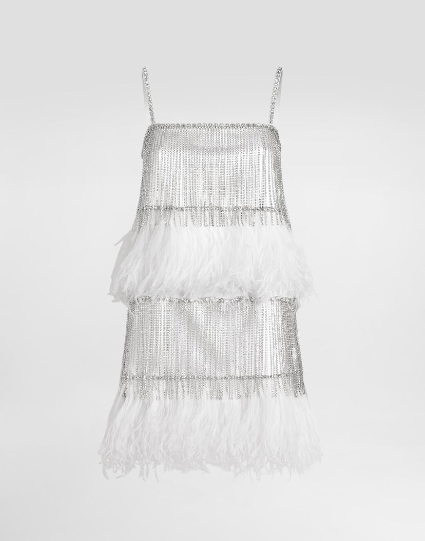 Pокля Dolce & Gabbana Dolce & Gabbana Satin and Feather Mini Dress with Crystal Fringe Бяло | F60FHZGDDI6G1012