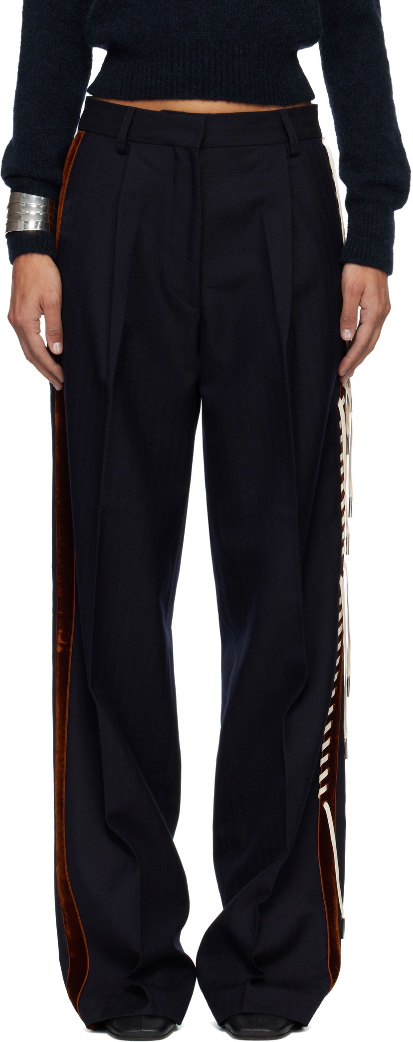 Панталони Dries Van Noten Dries Van Noten Embellished Tuxedo Trousers with Velvet Side Stripe and Lace-Up Detail Тъмно синьо | 252-010960-2193