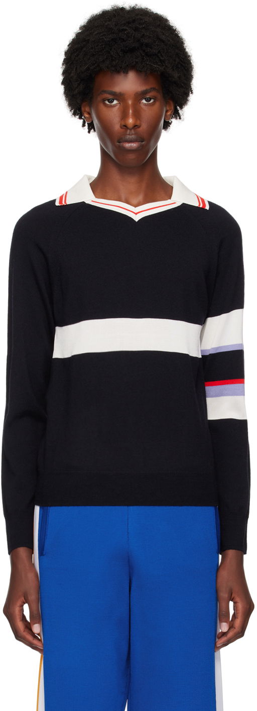Тениска Wales Bonner Navy Calm Long Sleeve Polo Черно | WA24KN23-WO07-599, 0