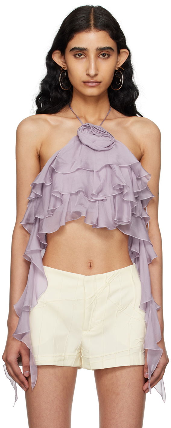 Съкратен топ Blumarine Flounce Halter Top with Rose Detail Лилаво | P444C092A, 0