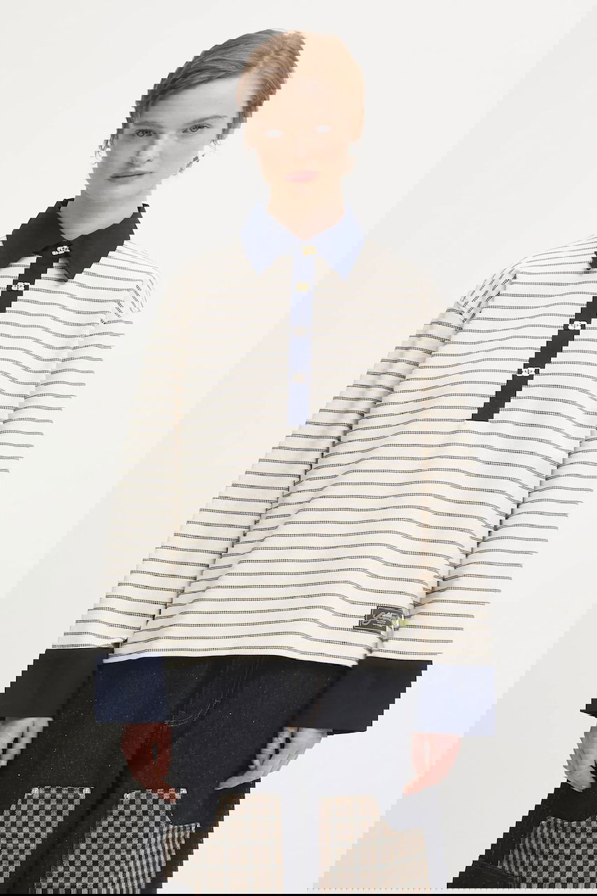 Поло тениска GANNI Striped Single Piquet Jersey Polo Shirt Бежово | T4215, 0