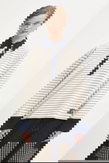 Поло тениска GANNI Striped Single Piquet Jersey Polo Shirt Бежово | T4215, 0