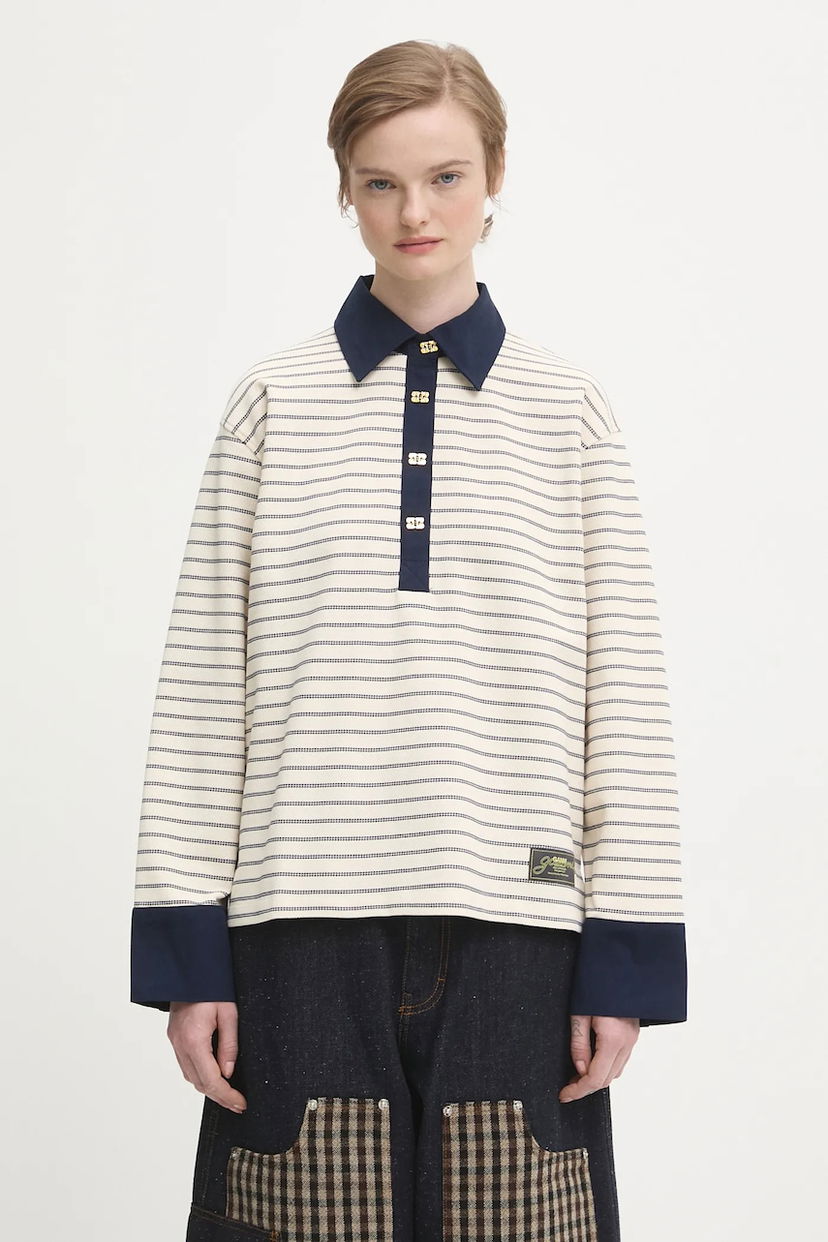 Поло тениска GANNI Striped Single Piquet Jersey Polo Shirt Бежово | T4215