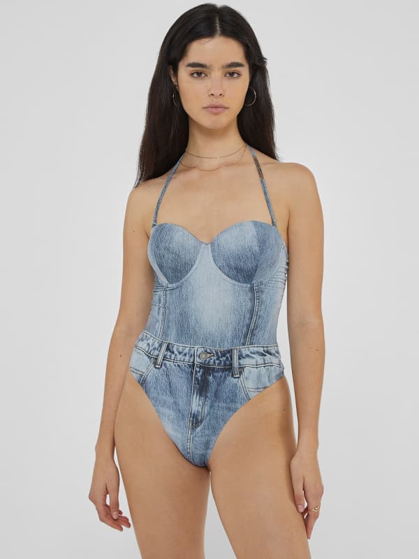 Бански GUESS Originals Denim Print One Piece Swimsuit Синьо | W4YP22KBFK0