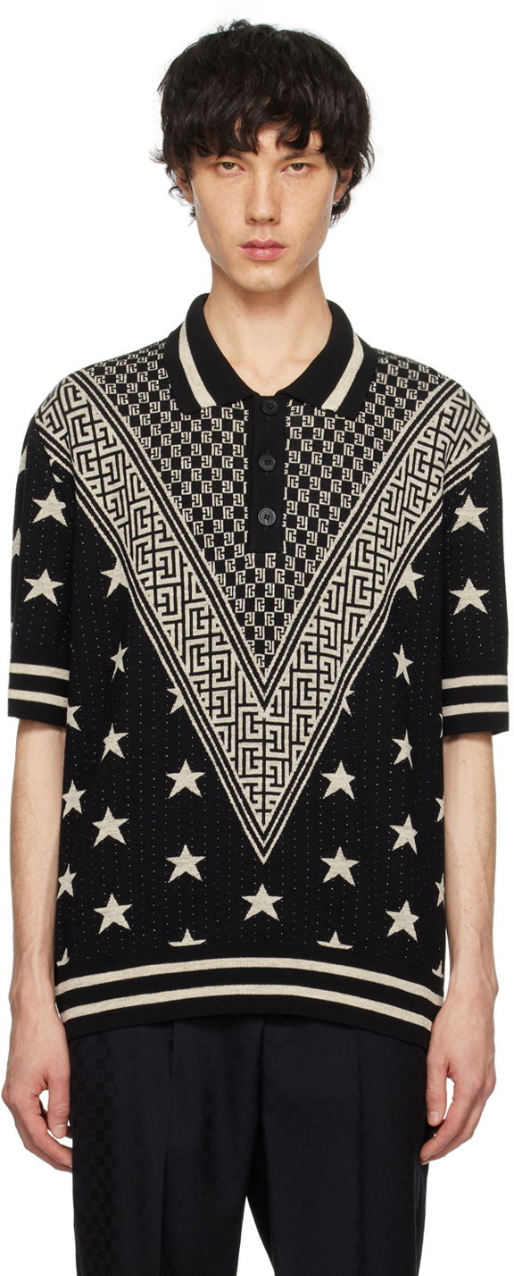 Поло тениска Balmain Monogram Stars Polo Черно | CH1GB045KF93