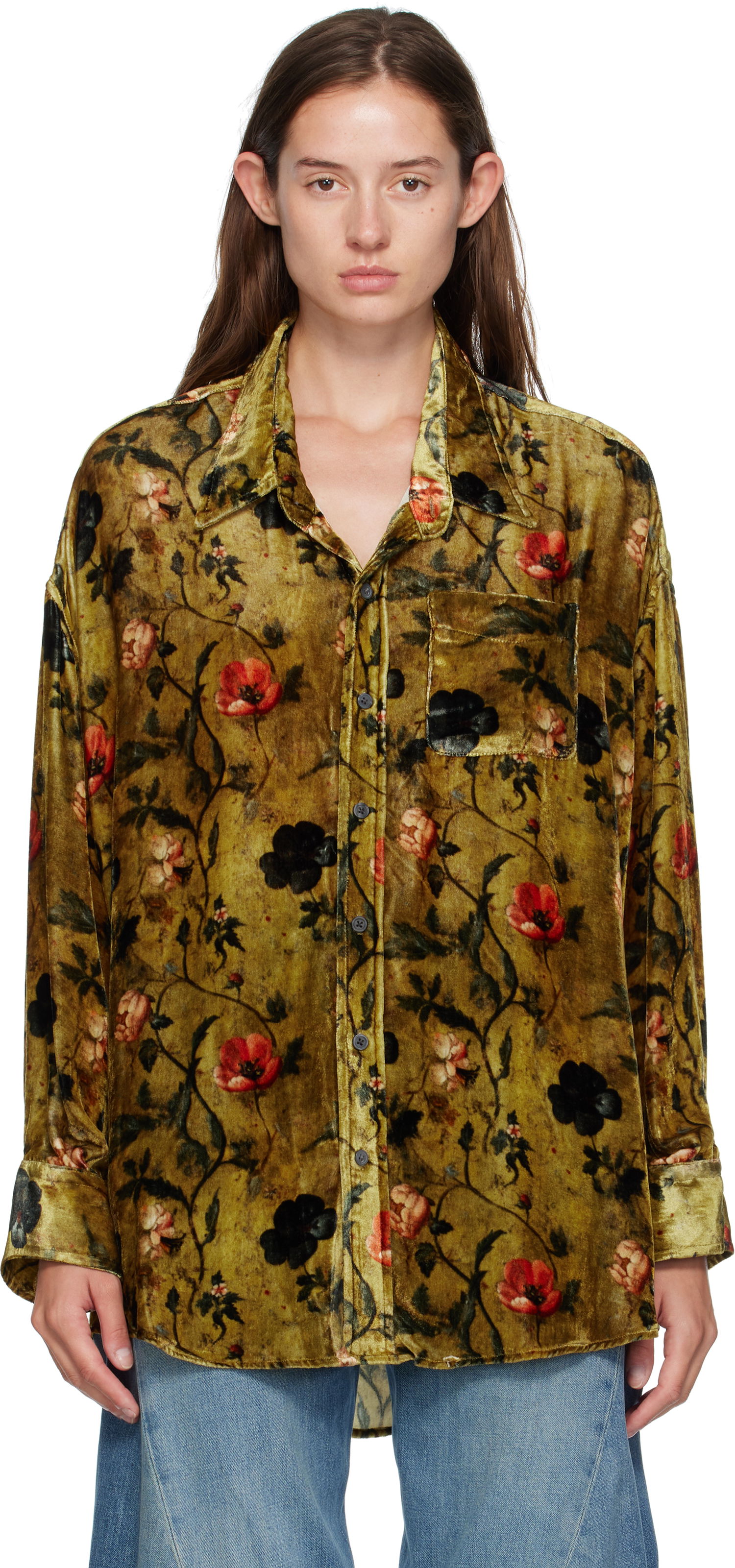 Риза R13 R13 Floral-Print Velvet Drop-Neck Shirt Зелено | R13WR004-R595A, 0