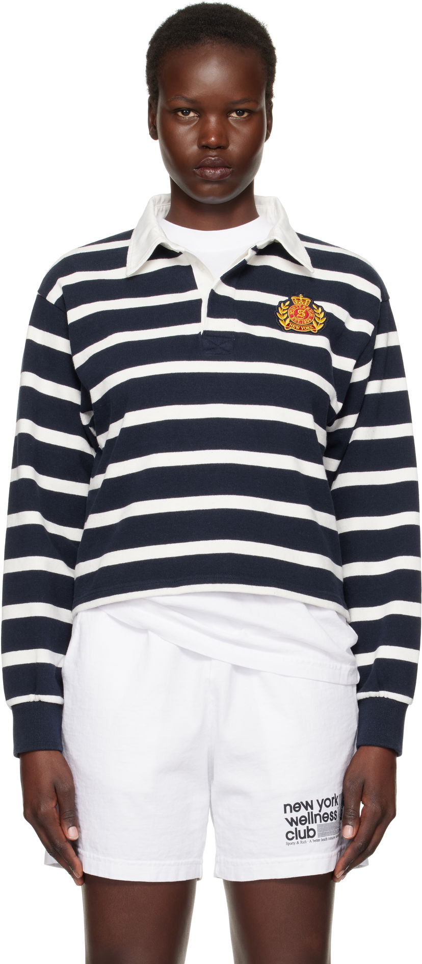 Поло тениска Sporty & Rich Navy & White Striped Cropped Rugby Polo Тъмно синьо | ST008506243ST39