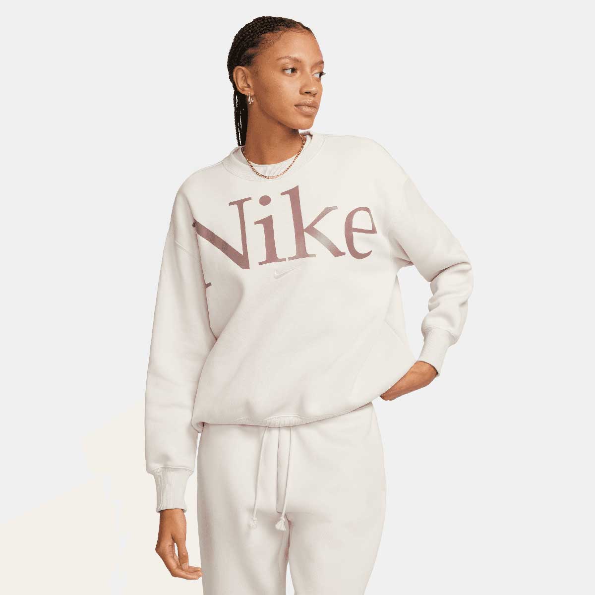 Суитчър Nike W Phoenix Fleece Logo Crewneck, LT OREWOOD BRN Бяло | FN3654-104, 0