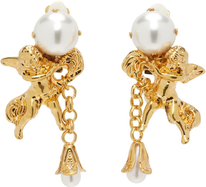 Обеци Balmain Agnes Baroque Pearl Cherub Dangle Brass Clip-on Earrings Жълто | FN1XI517MPLT