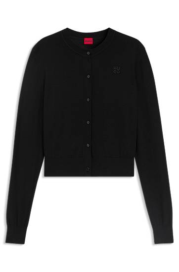 Пуловер BOSS Crew-neck merino wool cardigan with stacked logo Черно | 50550984